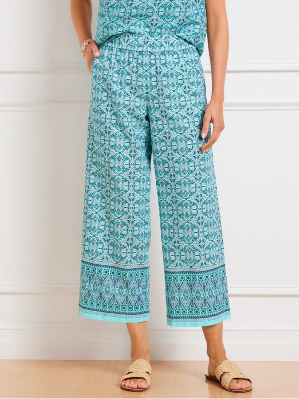 Talbots Nantucket Linen Cotton Pull On Wide Leg Pants Women XL Blue Coastal Prep